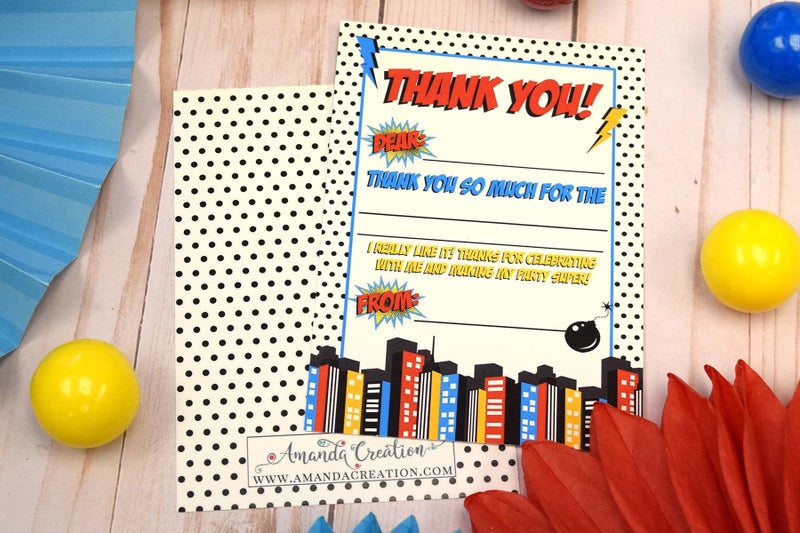 Amanda Creation Super Hero Birthday Thank You Cards for Boys 10 Pack 4" x 5.5" Fill-In Thank You Notes with Envelopes, Kids Party Stationery Set, Fun Hero Design, Made in USA by Amanda Creation - Image 4